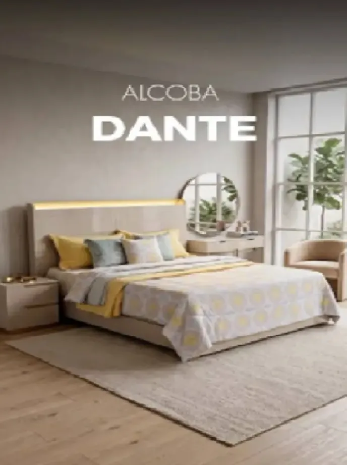 ALCOBA DANTE LED 140 GREIGE/CHAMPAÑA 1 NOCHERO + TOCADOR Y ESPEJO