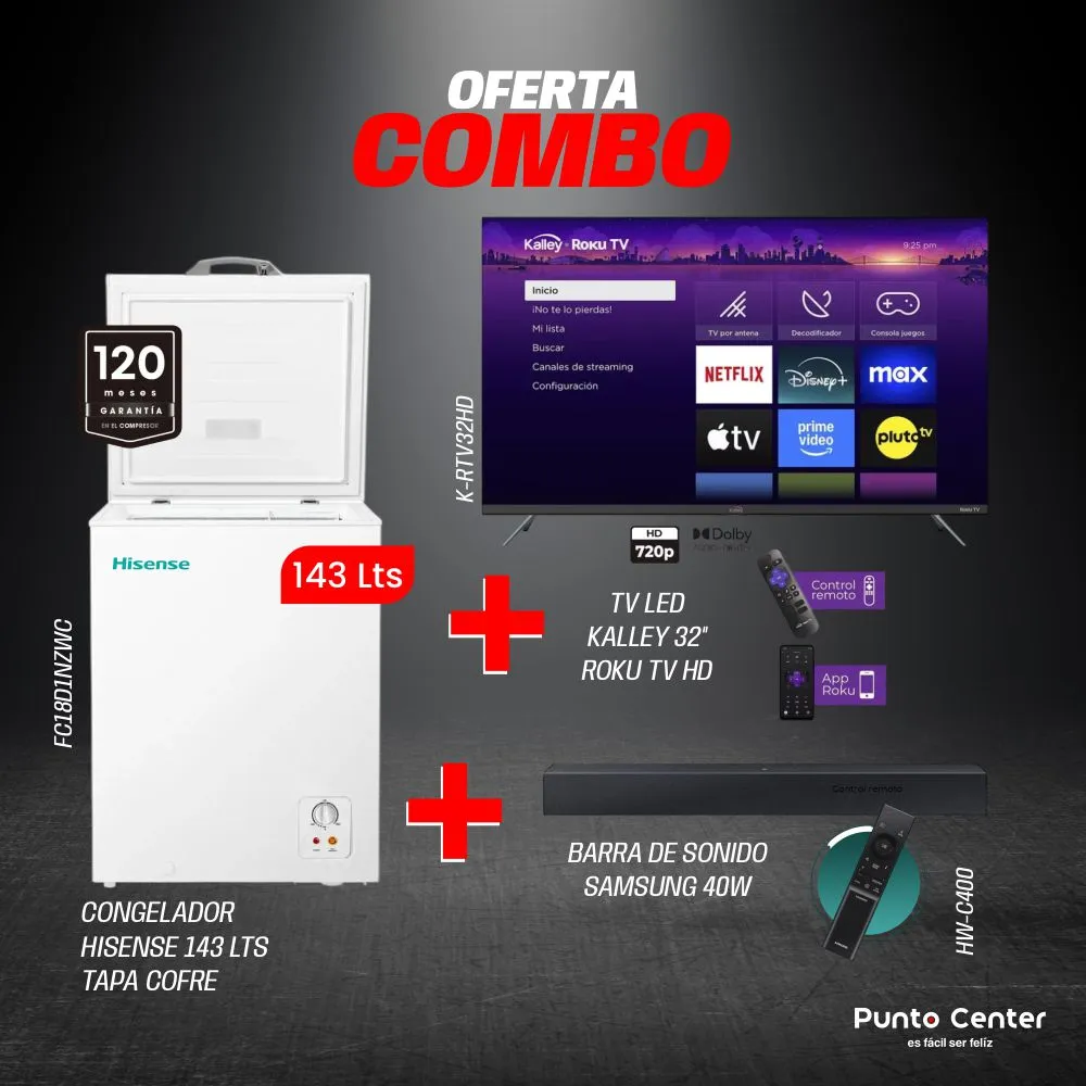 COMBO: CONG HISENSE 143 LTS + LED KALLEY 32" + BARRA DE SONIDO