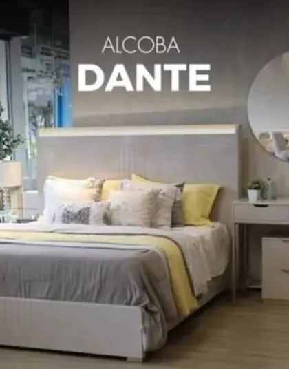 ALCOBA DANTE LED 140 GREIGE/CHAMPAÑA 1 NOCHERO + TOCADOR Y ESPEJO